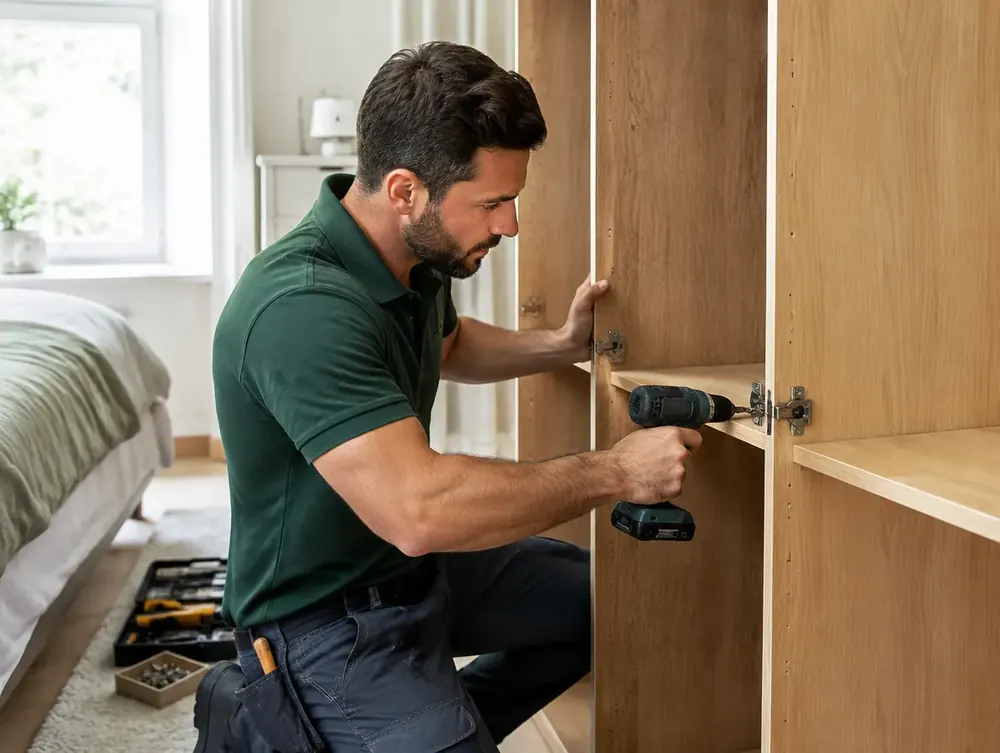 Fitter assembling a wardrobe with a cordless screwdriver