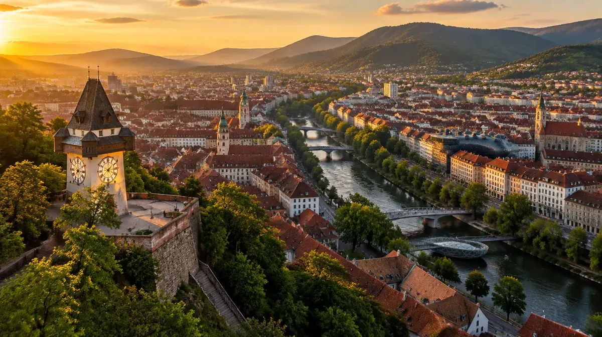 View over Graz with the clock tower and the river Mur at sunset