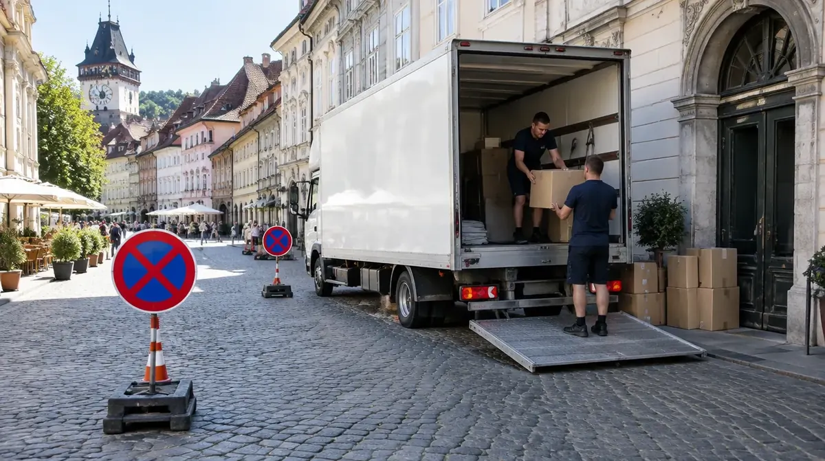 Halteverbotsschild vor einem Umzugswagen in einer Grazer Altstadtgasse