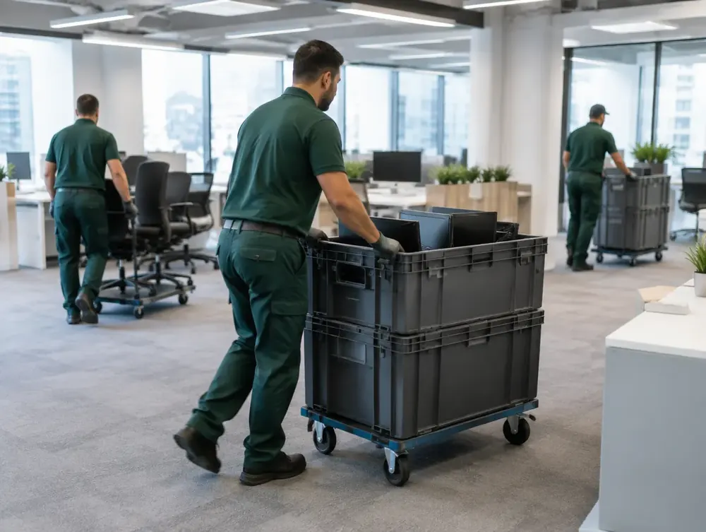 Movers push transport crates and office chairs through a modern office