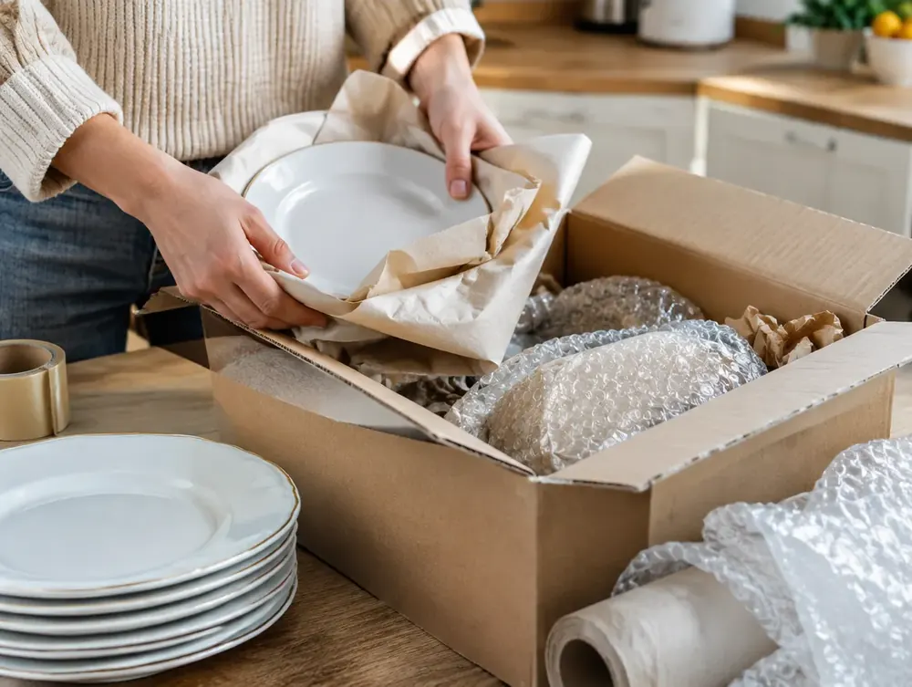 Plates being carefully wrapped in paper and packed into a moving box