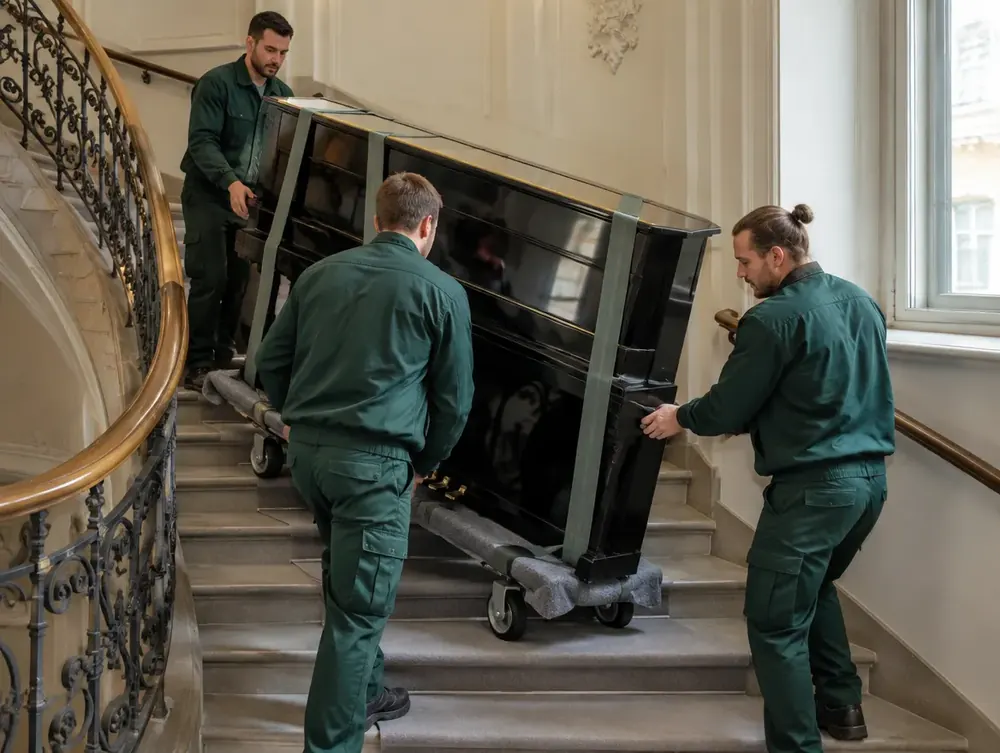Three movers carrying a piano down a staircase