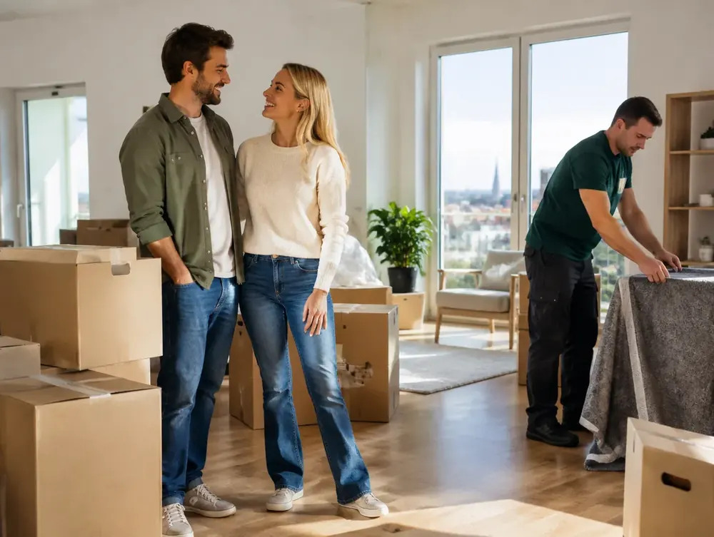 Movers carry boxes into a bright flat while a couple enjoys their new home