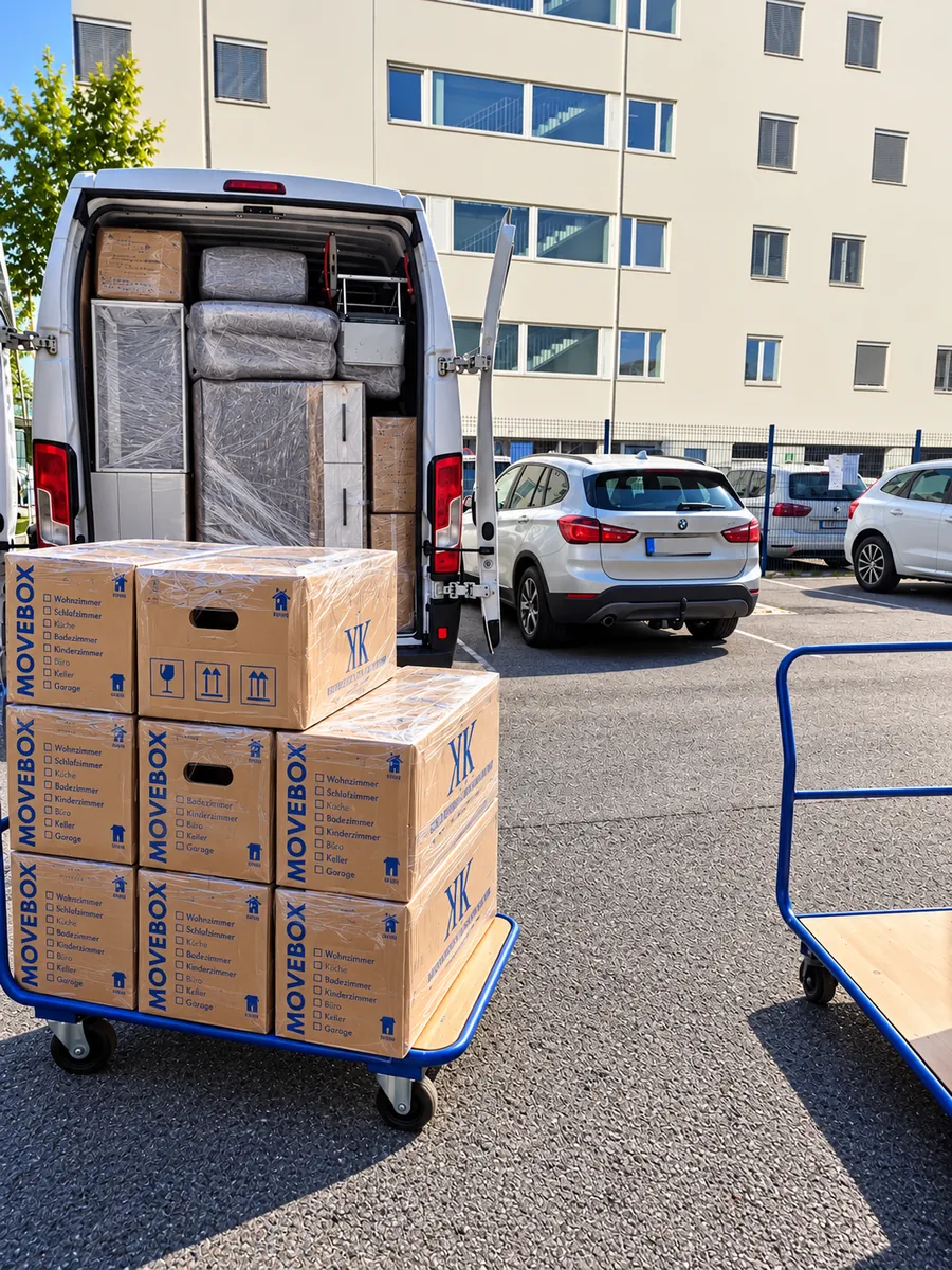 Wrapped moving boxes on a trolley in front of the moving van