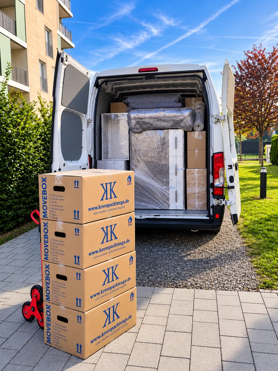 Loaded moving van with wrapped furniture, with stacked moving boxes on a hand truck in front